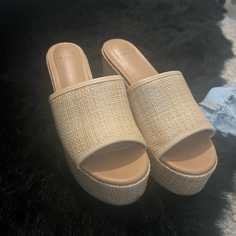 Beige Woven Platform Slides